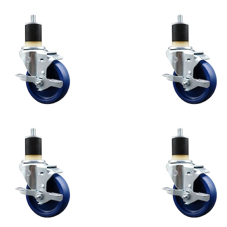 Service Caster 4'' SS Solid Poly Swivel 1-7/8'' Expanding Stem Caster Set with Brake, 4PK SCC-SSEX20S414-SPUS-TLB-178-4